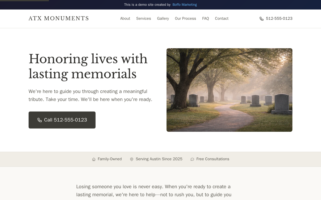 ATX Monuments — a design concept by Boffo Marketing showing a modern monument company website